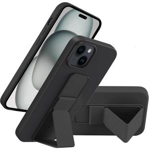 LAUDTEC Silicone Kickstand Case Compatible with iPhone 15, Vertical and Horizontal Stand Hand Strap Metal Kickstand Cover, Flexible Soft Liquid Silicone Stand Case for iPhone 15 (Black)