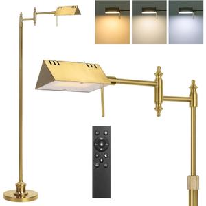 Dimmable Pharmacy Floor Lamp with Remote, 17W Gold LED Reading Floor Lamp with 360Swing Arm, 3 Color Temperature, Height Adjustable Standing Task Lamp for Living Room, Bedroom, Office, Antique Brass