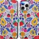 DEENAKIN for iPhone 15 Pro Max Wallet Case with Card Holder + Cash Clip, RFID-Blocking, Military-Grade Protection & UV-Printed Artwork, Magnetic Closure with Leather Kickstand - Playful Fruit Doodles