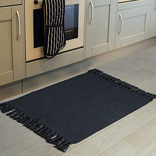 Seavish Black Kitchen Rug, 2x3 Cotton Hand Woven Recycled Throw Rug Runner Braided Entryway Floor Mat for Laundry Room Bathroom Bedroom Dorm 2Pack