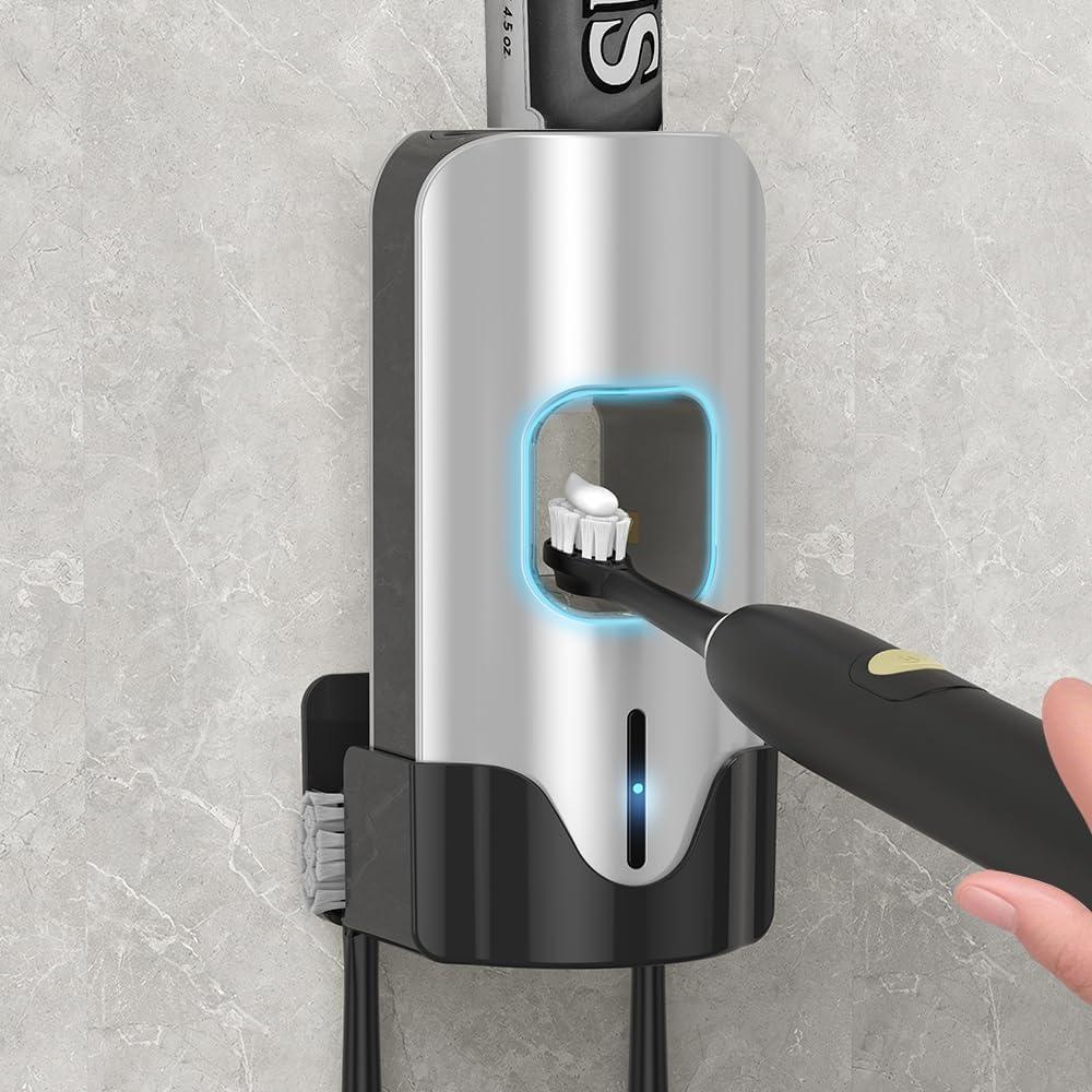 Automatic Toothpaste Dispenser Wall Mounted - Hands-Free Toothpaste Squeezer with 3 Speed Settings, 2 Toothbrush Holders & Strong Adhesive - Smart Bathroom Organizer for Kids and Adults (Silver)
