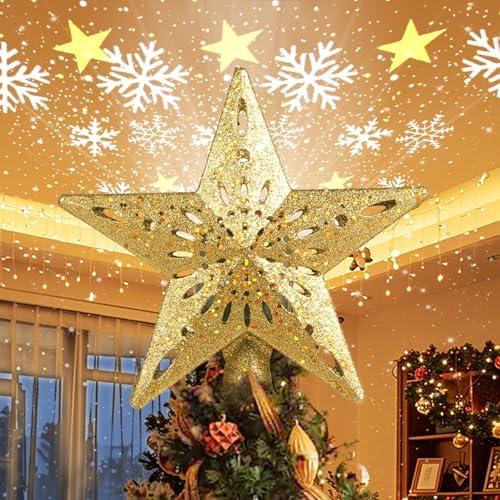Christmas Tree Topper Lighted Star with 6 Projection Modes, Christmas Hollowed Star Tree Topper Built-in LED Rotating Lights, 3D Shining Projector Lights Tree Topper for Christmas Party Decorations