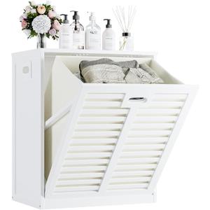 HITNET Tilt Out Laundry Hamper Cabinet, Bathroom Laundry Cabinet with 20 Gallon Clothes Basket, Space Saving Freestanding Bamboo Storage Organizer for Towels and Toys, White