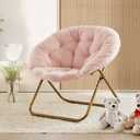 MoNiBloom Round Folding Faux Fur Saucer Chair for Bedroom Living Room Dorm Foldable Metal Frame Oversized Large Comfy Furry Padded Soft Cozy Moon Chair with Footrest Ottoman for Adults (Pink)