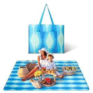 #WEJOY 3 in 1 Outdoor Picnic Blanket, Padded 3 Layers Beach Blanket, 80x60'', 4 Person, Easy to Fold, Waterproof for Lawn, Camping, Park (Blue)