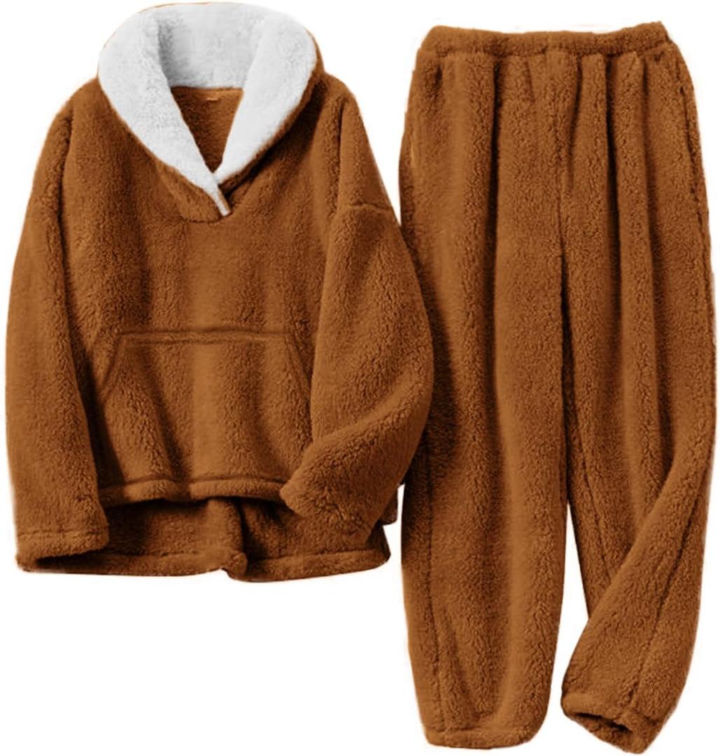 COZYPOIN Women's Fluffy Pajamas 1 Piece Soft Fleece Plush Sleepwear Warm Fuzzy Loungewear (Size L, Brown)