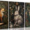 3Pcs Forest Animal Canvas Wall Art Fox Rabbit Deer Painting Pictures Wall Decor Wildlife Animal Posters Prints Dark Gothic Botanical Floral Artwork for Office Bedroom Home Decoration 16x24in