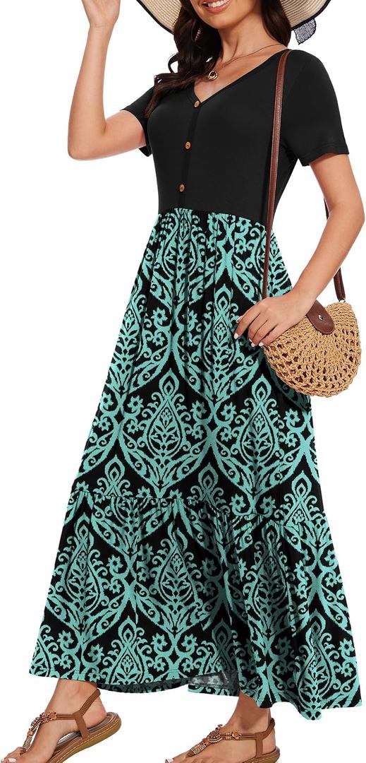 VIISHOW Women's Short Sleeve Loose Plain Maxi Dresses Casual Maternity Dresses Long Dresses with Pockets, Floral Black Green, X-Large