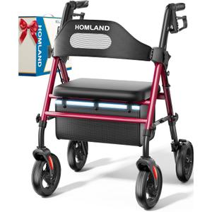 HOMLAND Foldable Rollator Walkers with Seat for Seniors, 8'' Big Wheels, 350 lb. Weight Capacity, Adjustable Handles and Seat Height, Lightweight Rolling Walker, Red