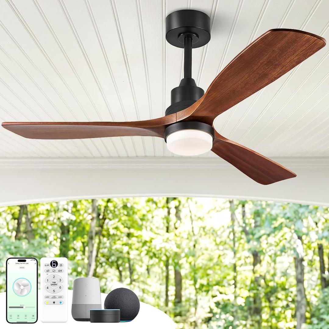 Ceiling Fans with Lights and Remote, 52 Inch Outdoor Ceiling Fan for Patios, 3 Wood Blades Smart Ceiling Fan with Lights,Works with Alexa/Google/WIFI/App Control Compatible,Quiet DC Motor,Dark Walnut