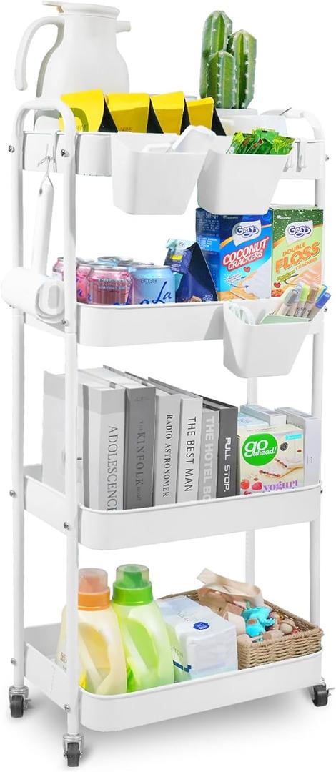 4-Tier Rolling Utility Cart, Metal Storage Cart with 3 Hanging Cups & 4 Hooks, Multifunctional Organization Cart with Lockable Casters for Bathroom, Kitchen, Living Room, Office, White