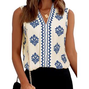 BLENCOT Women's Summer Tank Tops Chiffon V Neck Sleeveless Floral Printed Shirts Blouse (L)