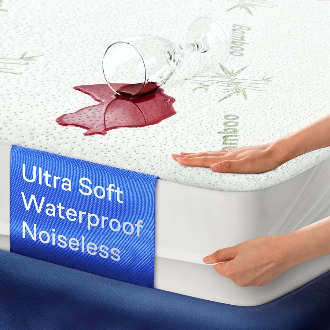 100% Waterproof Queen Mattress Protector - 360 Pad Protection Against Spills, Stains & Accidents for Parents & Pet Owners - Noiseless & Cooling Viscose Made from Bamboo (Green)