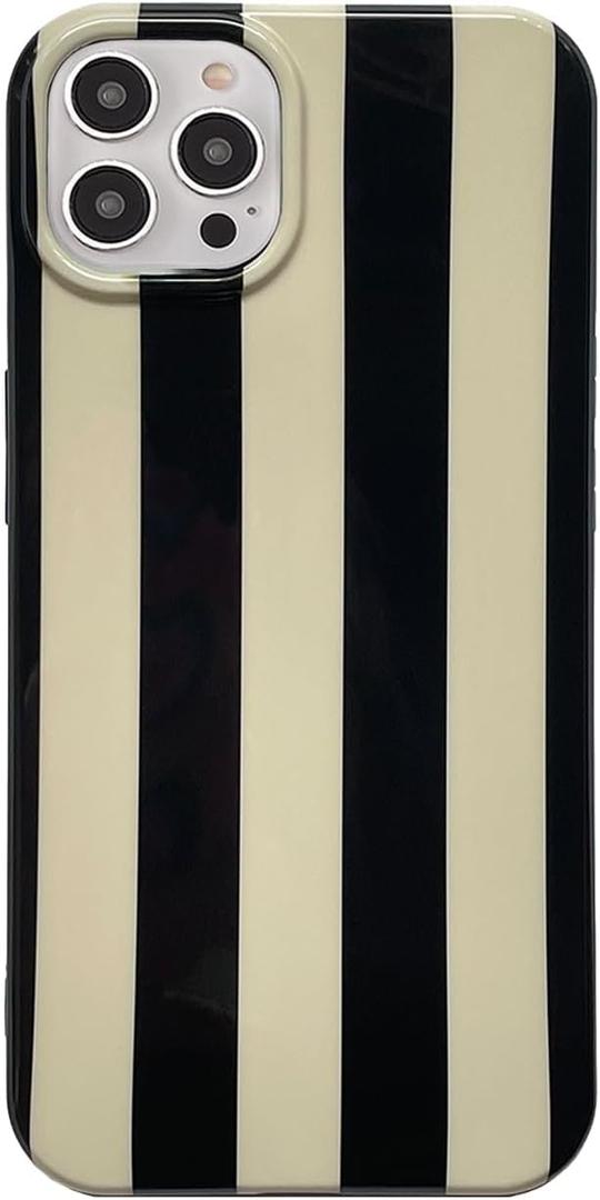Black White Striped Phone Case Compatible with iPhone 15 Pro Max Stylish Strip Print Chic Retro Aesthetic Full Cameara Protective Slim Fit Glossy Soft Girly Never Faded 15promax 6.7" Cover