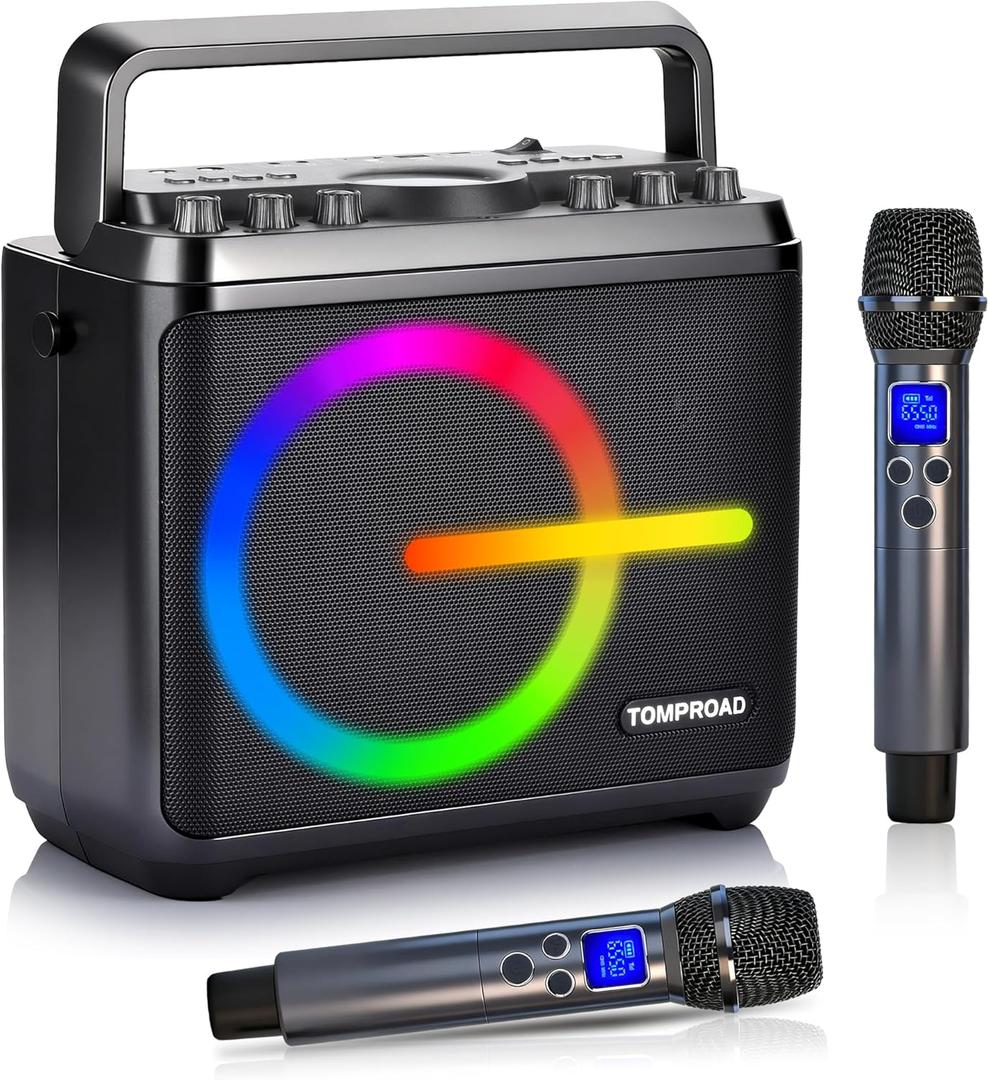 Karaoke Machine, Bluetooth Speaker with 2 Wireless Microphones, Portable Voice Amplifier PA System for Adults Kids with LED Lights Support Bass/Treble Adjustment, TF Card/USB, REC for Home Party