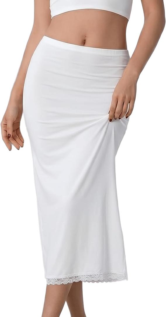 Women's Half Slip for Under Dress Long Underskirt with Lace Trim Soft Under Slips Shirt Skirt Extender (Medium, White)