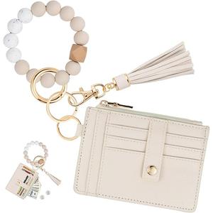 KNGITRYI Wallet Keychain Wristlet for Women,Slim RFID Credit Card Holder Purse Tassel Keychain Bangle Key Ring for Men Women, Beige