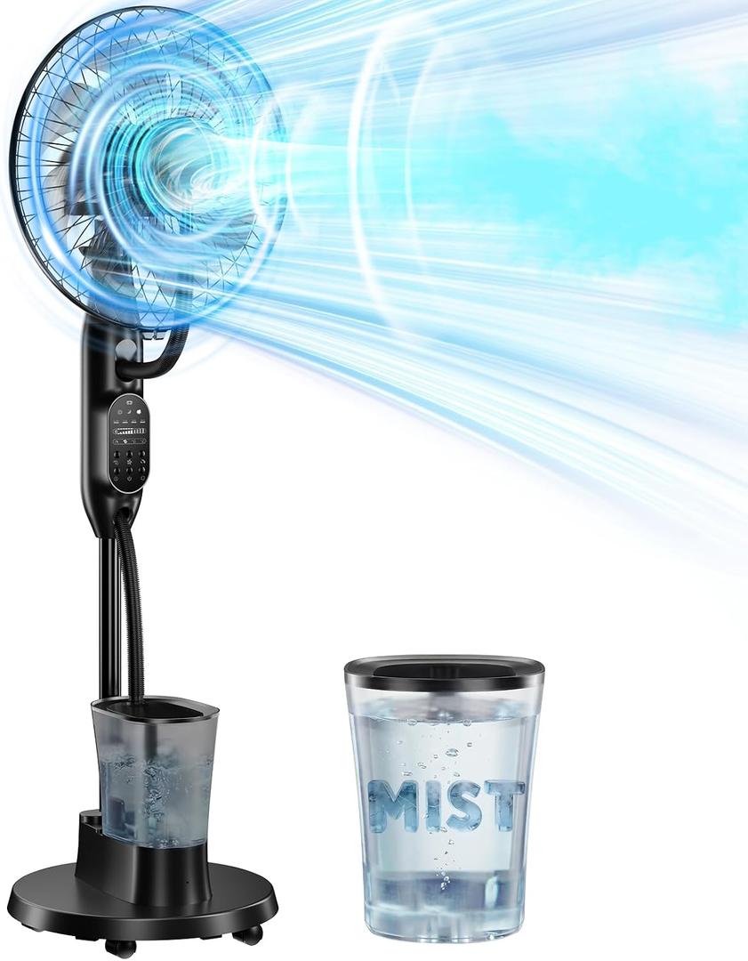Misting Fan, 16'' Standing Fan with Humidifier, Oscillating Fan with 3 Winds 9 Speeds, Ultrasonic Humidifier for Bedroom/Living Room/Office, 0.5-7H Timer for Daily Indoor Cool