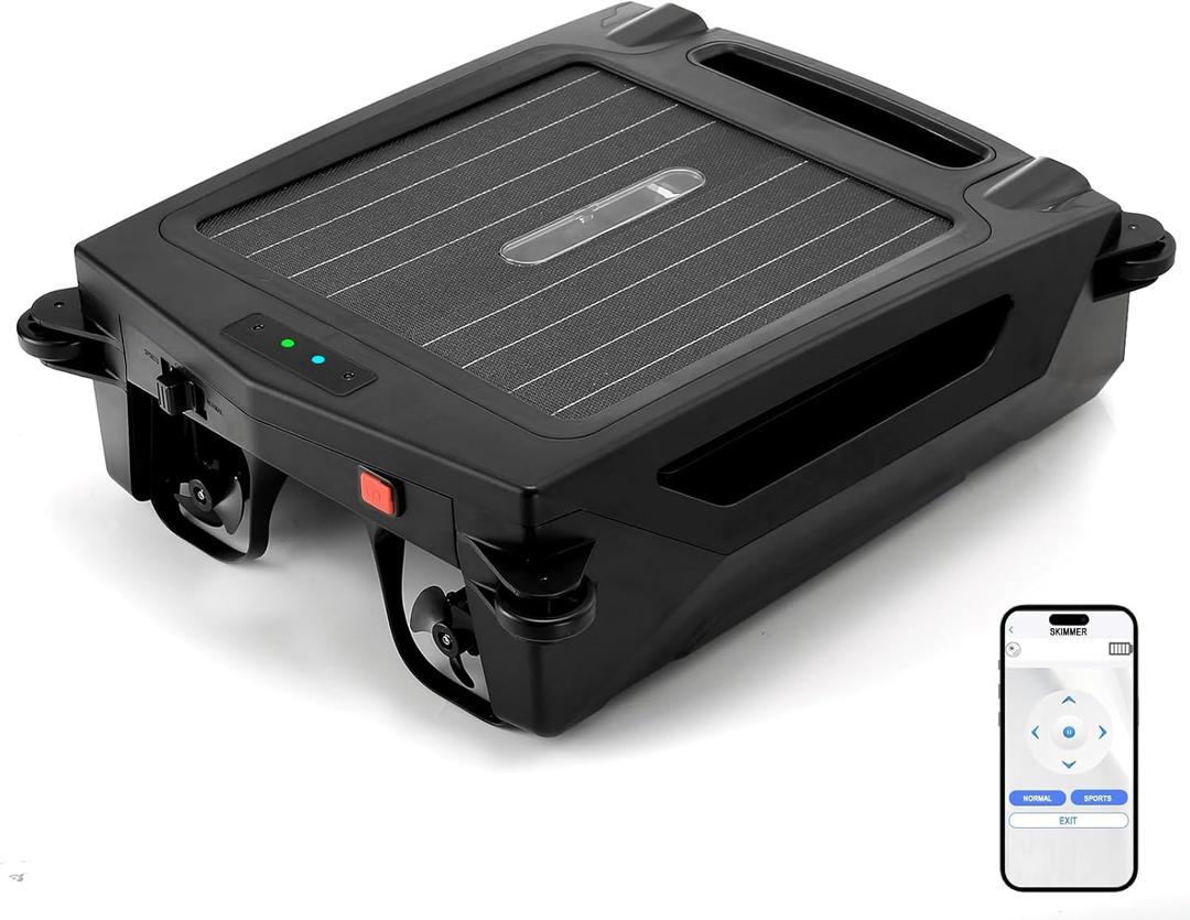 Solar Powered Robotic Pool Skimmer, Automatic Pool Surface Cleaner Robot with 24/7 Continuous Cleaning, App Control, Dual Charging, Ideal for Above Ground & In-Ground Pools (Black)