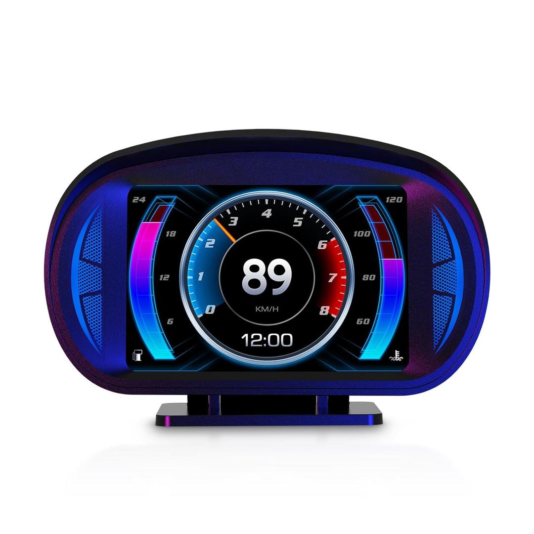 Obd2 Gauge Display, Heads Up Display P2, displays Multiple Alarms for Speed, Voltage, and Water Temperature for All Models.