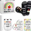 Sliner 7 Pieces Principal Appreciation Gifts for Women Men 12oz Stainless Steel Tumbler Cup Keychain Socks Makeup Bag Acrylic Sign Blessing Card Gift Box