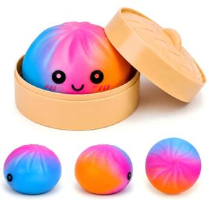 Mystery Colorful Dumpling Squishies with Steamer Box, Soft Stretchy Bao Bun Stress Relief Balls, Sensory Fidget Squeeze Toys for Anxiety Relief, Decompression Desk Toys