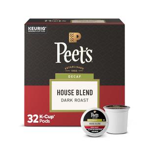 Peet's Coffee, Dark Roast Decaf Single Serve Coffee Pods, 100% Arabica Coffee - Decaf House Blend 32 Count (1 Box of 32 Pods)