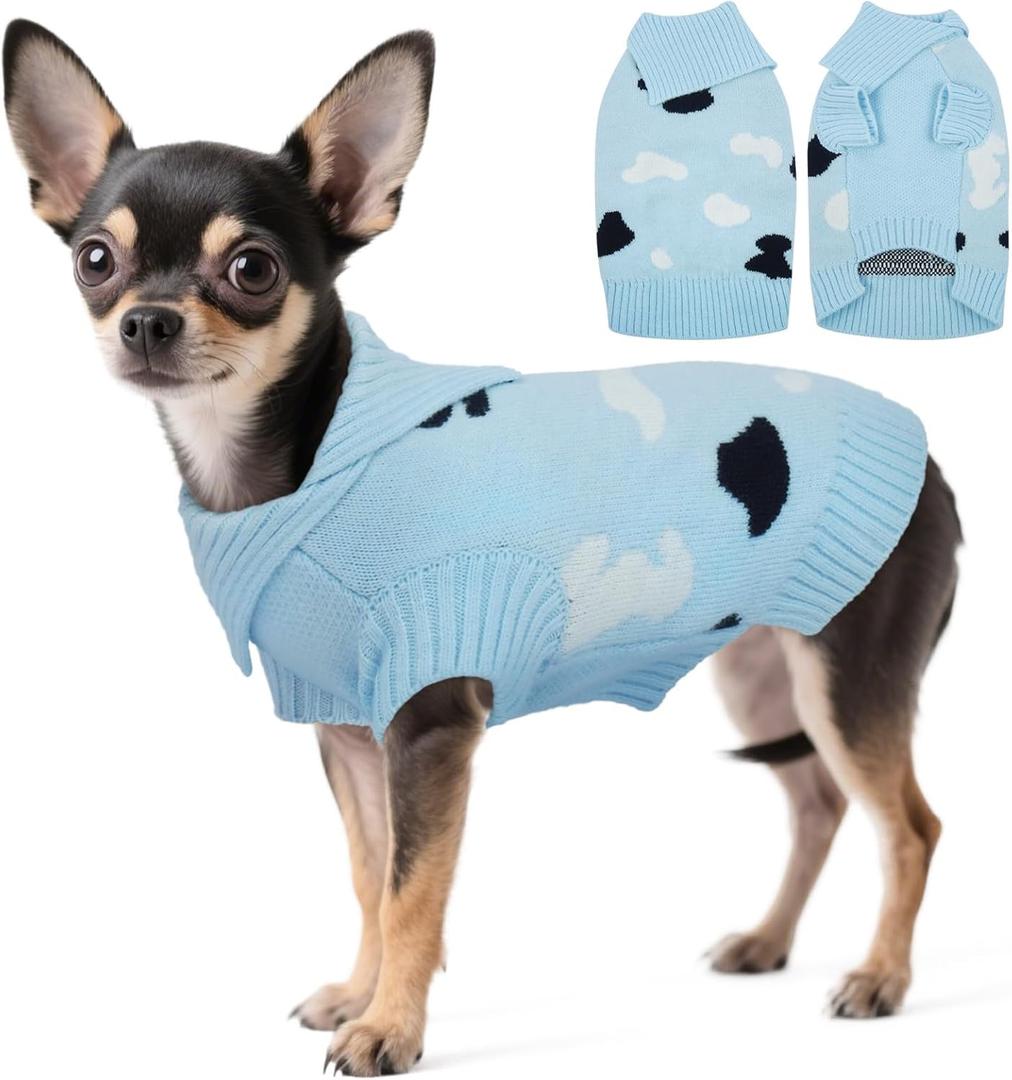Kuoser XS Dog Sweater for Teacup Puppies | Foldable High Neck Warm Chihuahua on Morning Walks, Snuggly Knit with Easy-On Sleeve Holes, Blue XS (XS (Chest: 11.8'' / 30cm))