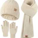 Winter Beanie Hat Scarf Gloves, Warm Fleece Knit Hat Long Scarf Neck Warmer Touch Screen Winter Gloves Set Gifts for Women (Oatmeal)