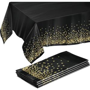 Prestee 4 Pack Gold and Black Table Cloth Rectangle Table Covers 54 x 108 Inches - Plastic Table Cloth Disposable for Parties, Dining and Events - Black Tablecloths for Weddings and Celebrations