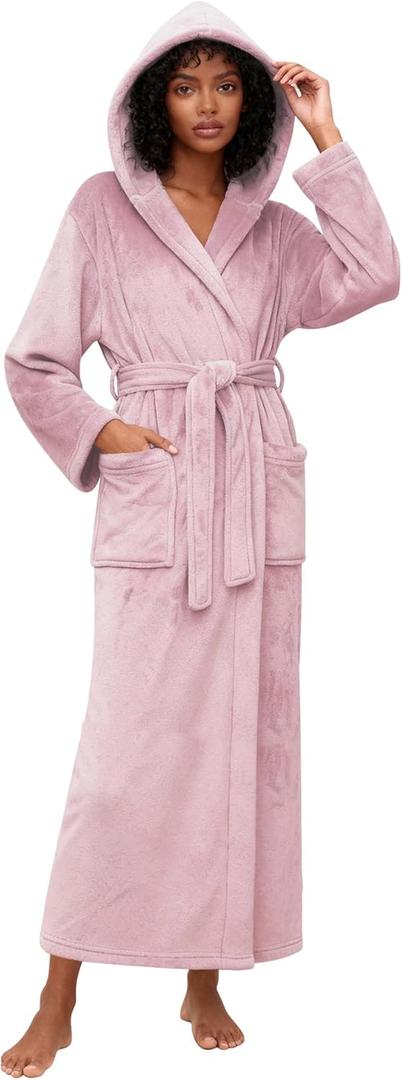 HEARTNICE Womens Long Hooded Robe, Soft Warm Fleece Bathrobes Full Length Plush House Coat (Small-Medium, Dusty Pink)