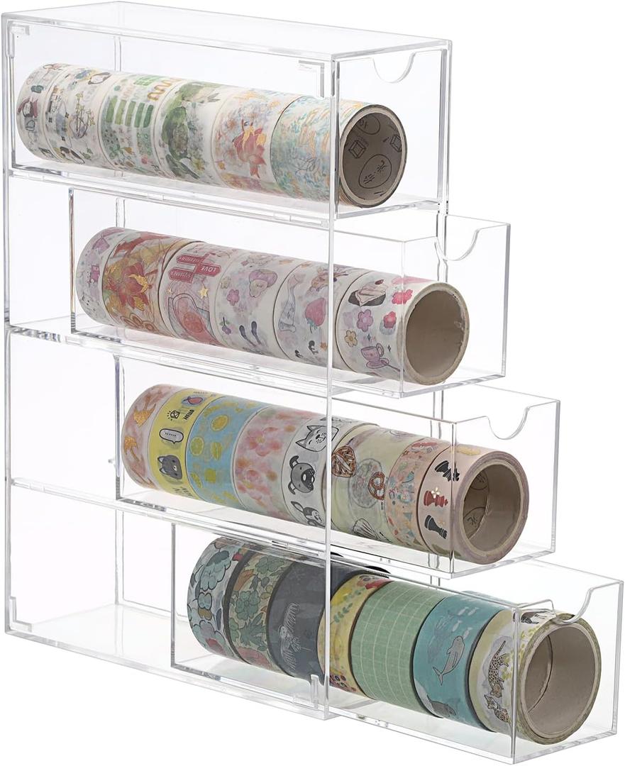 Acrylic Washi Tape Organizer, Clear Washi Tape Storage Holder with 4 Sliding Drawers, Desk Accessories Display Caddy Craft Box, Washi Tape Dispenser for Scrapbooking Art Craft Supplies, 1 Pack