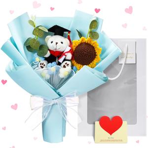 Graduation Crochet Flower Bouquet Set Includes Bear Knitted Sunflower Daisy Bouquet Eucalyptus Greeting Card Gift Bag 2025 Graduation Gift (Blue,Stuffed Bear)