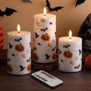 Halloween Flameless Pillar Candles with Remote, Flickering Pumpkin Bats LED Candles Battery Operated Set of 3