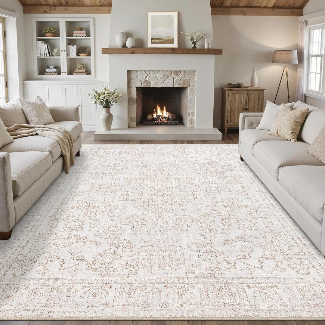 8x10 Area Rugs for Living Room Vintage Washable Rugs Brown Boho Floral Medallion Print Low Pile Non Slip Carpet Distressed Throw Rug for Bedroom Office Dining Kitchen Laundry Room 