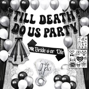 Till Death Do Us Party Bachelorette, 65 Pcs Til Death Do Us Party Bachelorette Party Decorations, Halloween Single Woman Party Bride or Die Bachelorette Party Decorations, Til Death Wedding Decor, Black 
