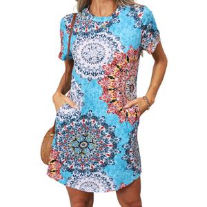 YEXIPO Women's Casual Summer Short Sleeve T Shirt Dress Nightgown Crew Neck Loose Solid Color Basic Dresses with Pockets (Medium, Bohemian Blue)