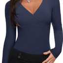 REORIA Womens Sexy Deep V Neck Bodysuit Cross Wrap Bodysuit Long Sleeve Double Lined Top Going Out Outfits