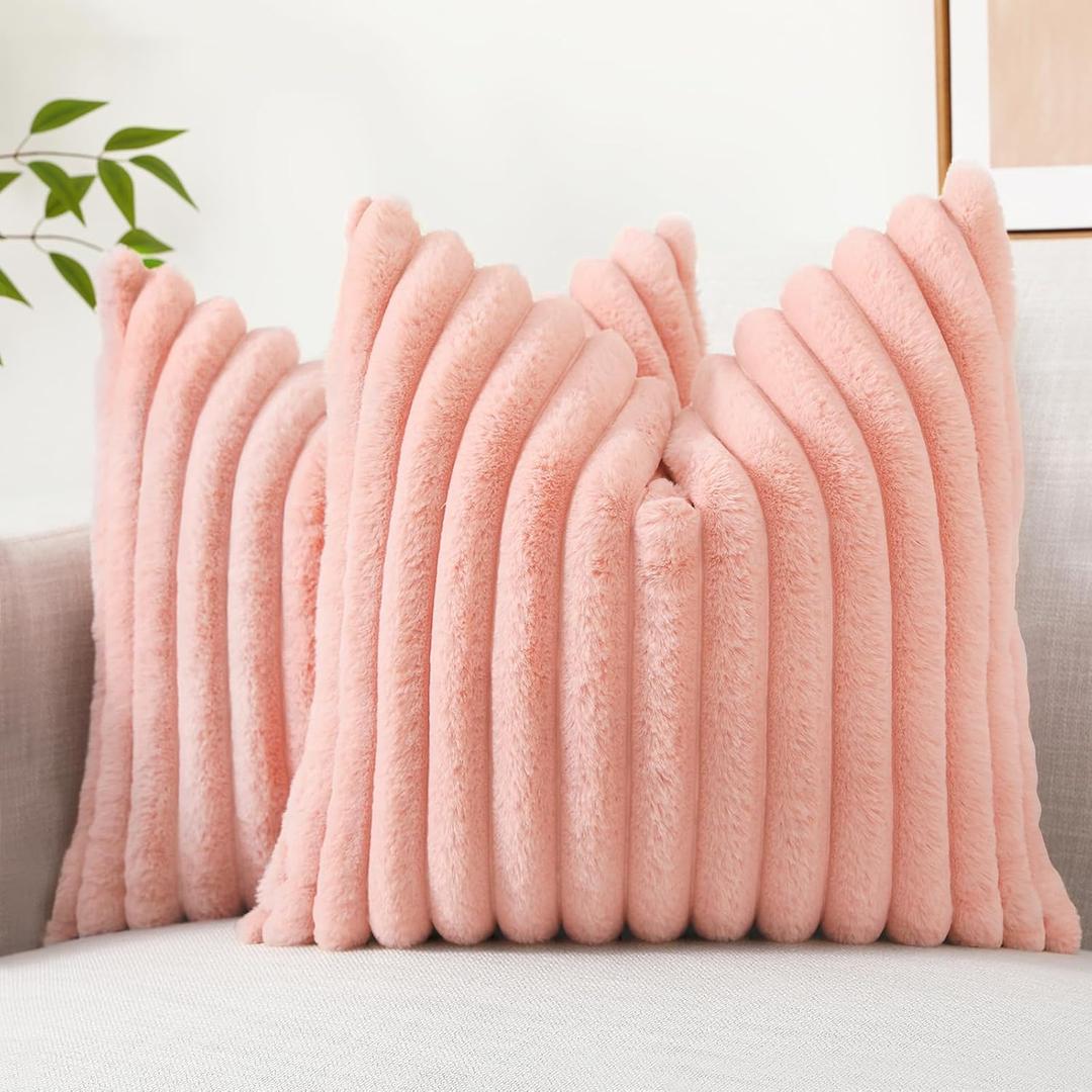 decorUhome Cozy Faux Fur Throw Pillow Covers 18x18 Set of 2 Decorative Plush Striped Modern Farmhouse Boho Couch Pillow Cases with Velvet Back for Sofa Bed Living Room Valentines, Blush Pink