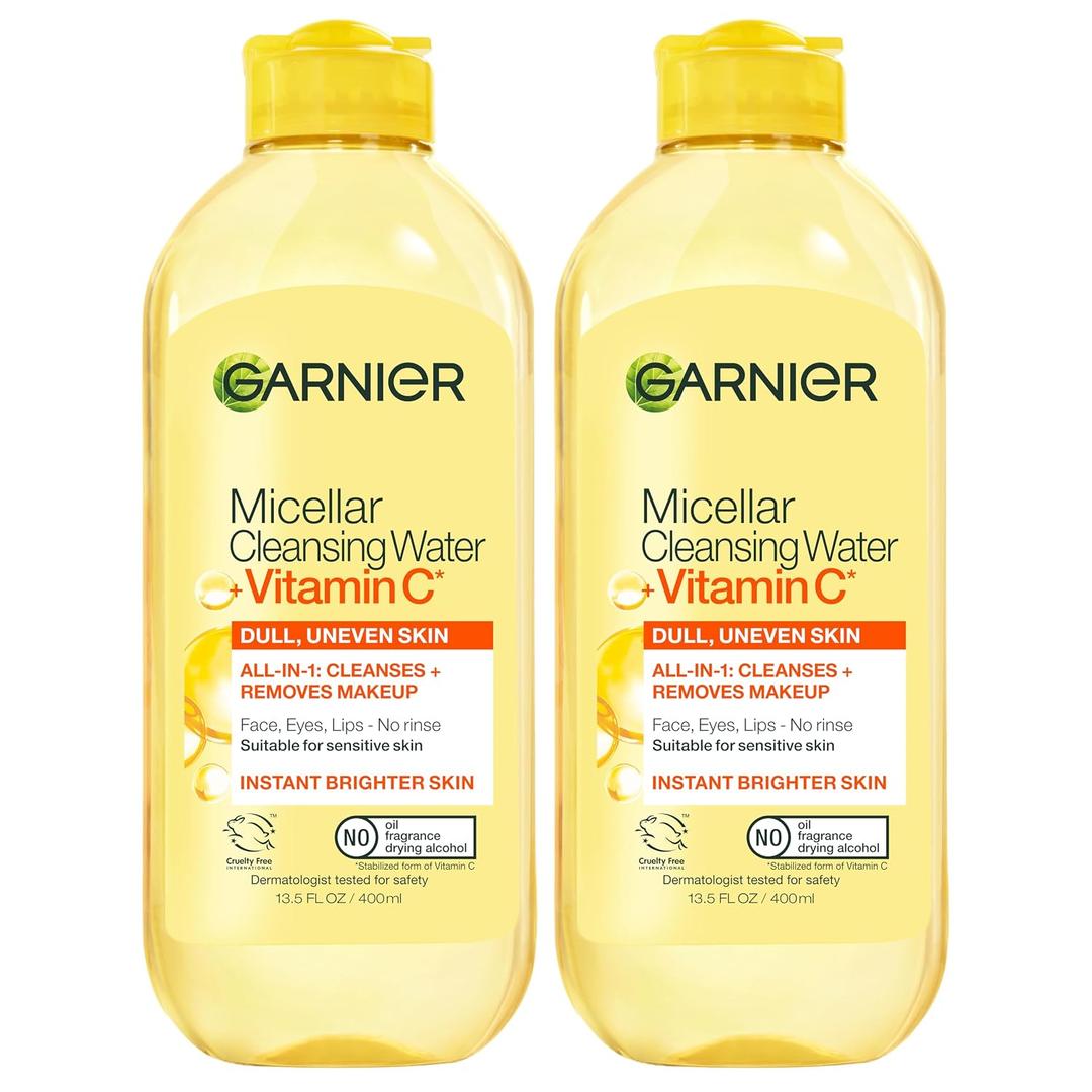 Garnier Micellar Water with Vitamin C, Facial Cleanser & Makeup Remover, Brightening & Hydrating, For All Skin Types, Vegan, Cruelty Free, 13.5 Fl Oz (400mL), 2 Count