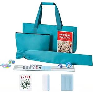 GUSTARIA American Mahjong Game Set, 166 Blue Tiles, Blue Bag and Accessories, 4 All-in-One Transparent Rack/Pushers, Mahjong Tile Set