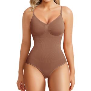 BRABIC Bodysuit Shapewear for Women Tummy Control Panties Seamless Sleeveless Tops V-Neck Camisole Jumpsuit(Coffee Brief, Medium/Large)