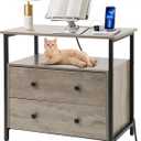 Edbuosy 27 inch Wide Night Stand with Charging Station, Bedside Table with Open Shelf, 2 Drawers Small Wood Dresser, Modern Wood Nightstand for Bedroom/Living Room (Rustic Gray)