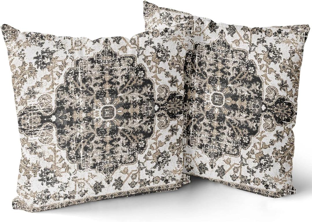 Kawani Black White Grey Ethnic Boho Throw Pillow Covers 26x26 Inch Bohemian Carpet Vintage Gray Floral Decorative Pillows Pillow Cases Farmhouse Accent Home Decor Bedroom Couch Sofa Porch Set of 2