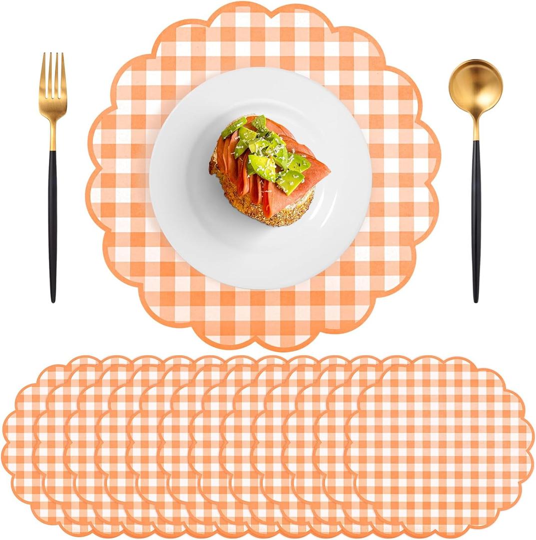 60 Pcs Orange and White Gingham Paper Placemats, 13.5 Inch Disposable Picnic Placemats Scalloped Checkered Place Mats Table Decorative for Picnic Table Setting BBQ Birthday Banquet Outdoors Party