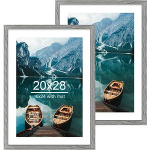 20x28 Picture Frame Set of 2, Rustic Grey Wood Style - Display 16x24 Picture with Mat or 20 x 28 Poster without Mat, Wall Mounting Horizontal and Vertical
