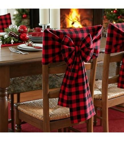 2 Pcs Christmas Bow Chair Back Covers Buffalo Plaid Bow Chair Cover Christmas Dining Seat Back Protector Slipcovers for Xmas Party Banquet Holiday Kitchen Decoration(Black, Red)