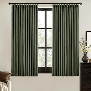 MIULEE Olive Green Pinch Pleated 100% Blackout Linen Curtains for Bedroom, Room Darkening Memory Trained Dark Green Window Curtains 63 inches Long for Living Room, Black Out Pleat Drapes, 2 Panels