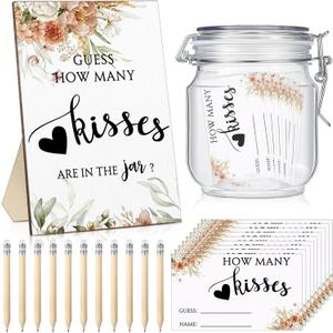 Yousoontic 122 Pieces Guess How Many Kisses Bridal Shower Games Include 1 Bridal Shower Wooden Sign 100 Guessing Cards 20 HB Pencils 1 Game Jar for Guests Wedding Party(Boho Flower)