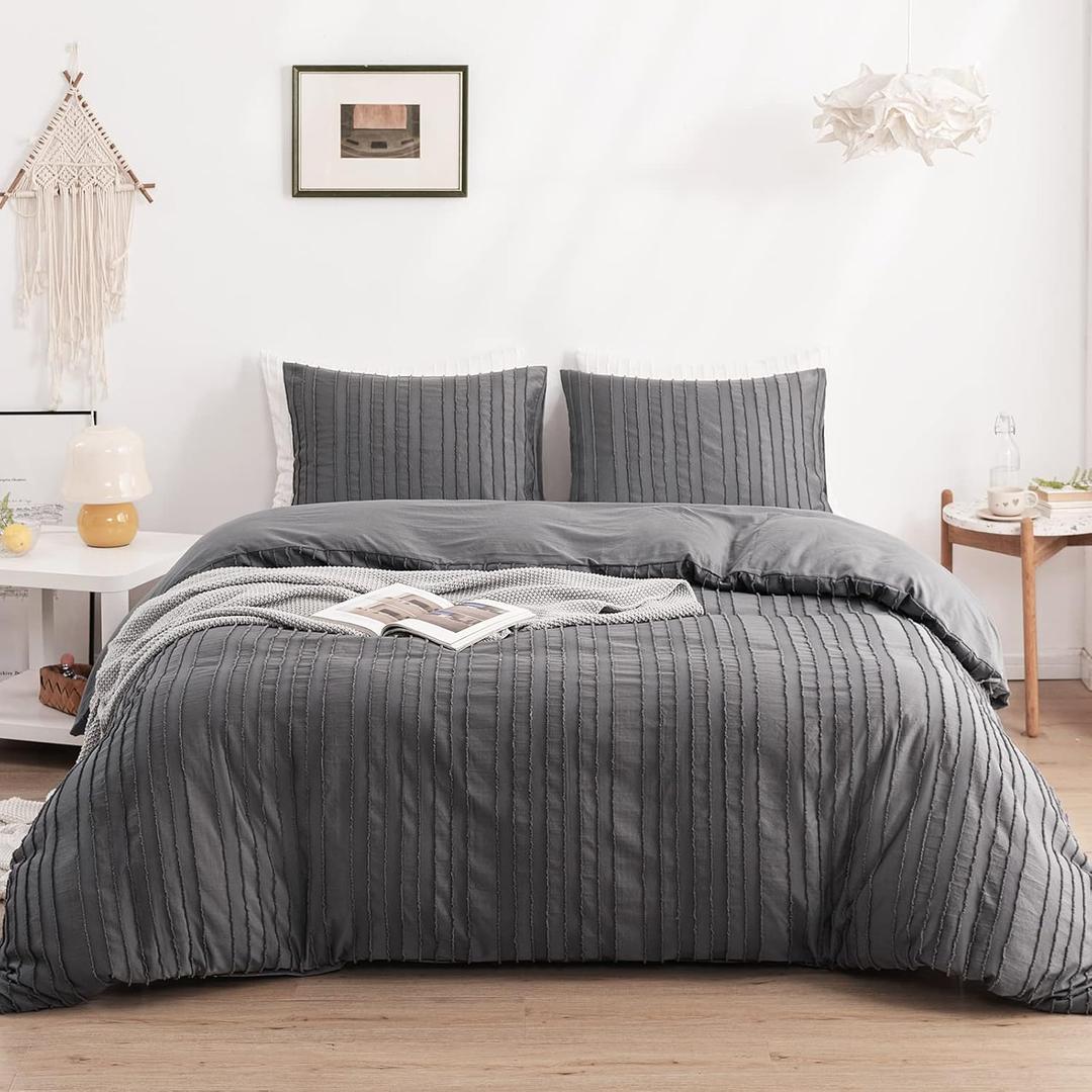 WARMDERN Gray Boho Duvet Cover Set King Size, Striped Textured Duvet Cover Tufted Bedding Set, 3 Pcs Ultra Soft Washed Microfiber Duvet Cover with Zipper Closure (King, Gray)